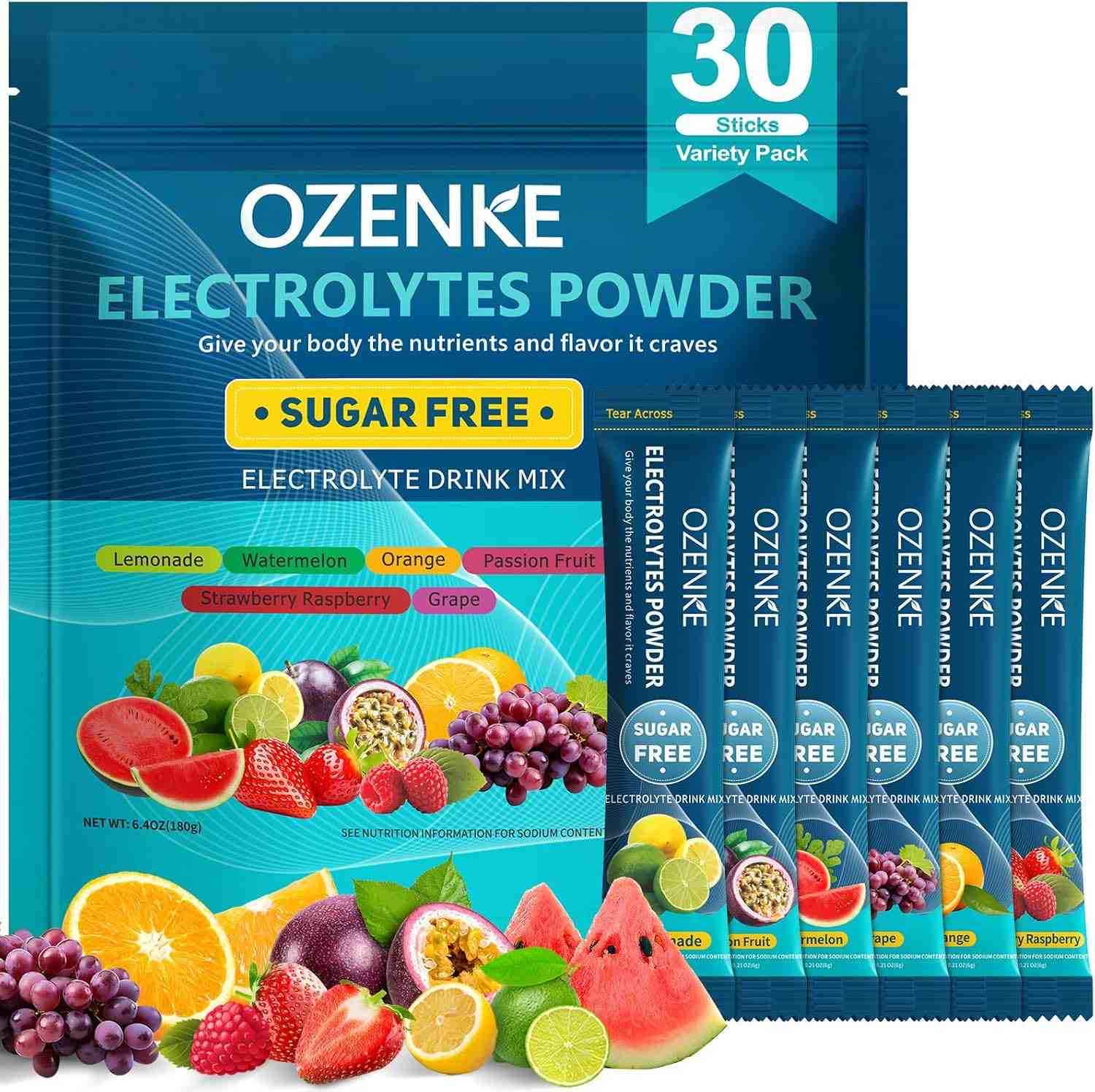 OZENKE Electrolytes Powder Packets, 30 Sticks Hydration Packets Sugar Free, Electrolyte Drink Mix Travel Electrolyte Packets for Rapid Hydration, 6 Flavors